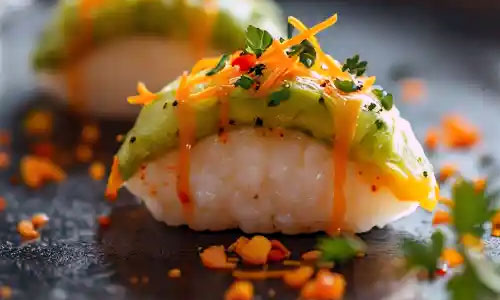 Fresh avocado slices served on small portions of seasoned sushi rice