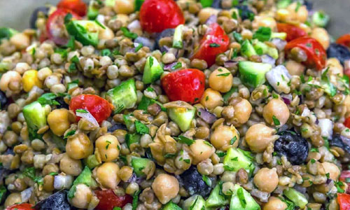 Chilled bowl of brown lentils mixed with fresh diced vegetables